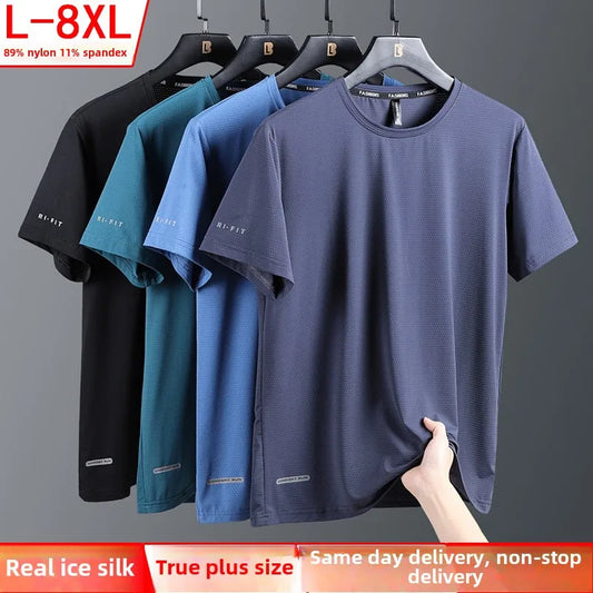 High-Quality Ice Silk T-Shirts Men Plus Size 8XL Male Tshirt Fat Man Tee Shirt Breathable Wearing Tee Tops Running Fast Shipping