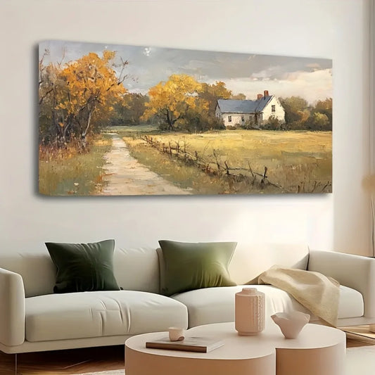 1.5 inch thick pine solid wood frame, large vintage murals, wall decorations, natural canvas paintings of rural farmhouses