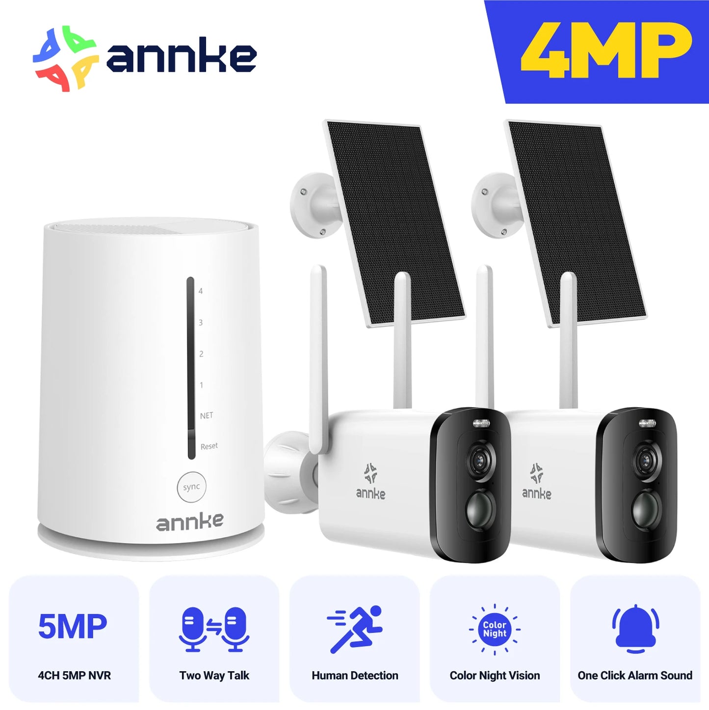 Annke 4MP solar security cameras 4CH Wireless NVR 4mm color night vision IP camera Audio 2.4G 5.8G solar wifi camera outdoor