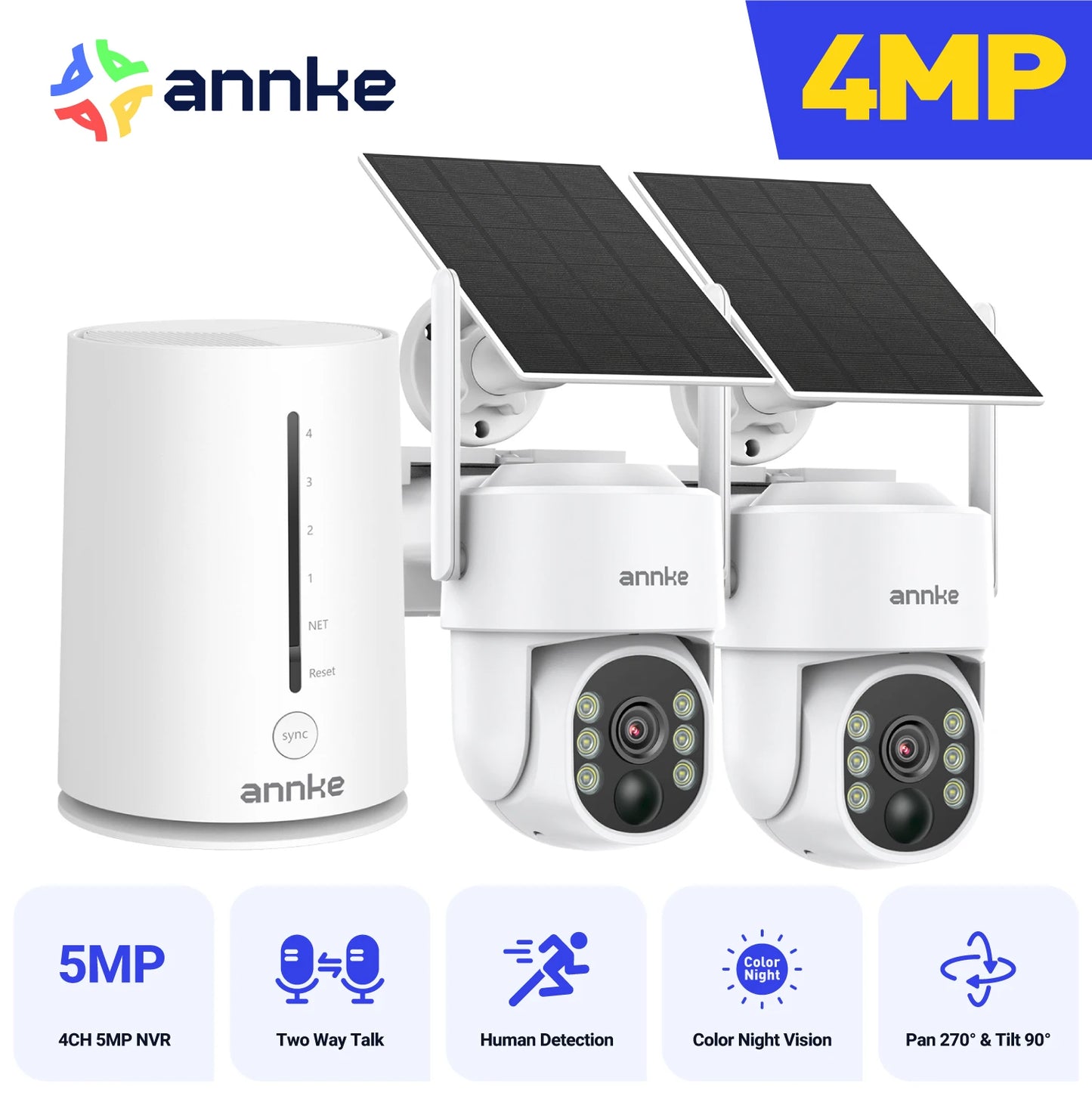 Annke 4MP solar security cameras 4CH Wireless NVR 4mm color night vision IP camera Audio 2.4G 5.8G solar wifi camera outdoor