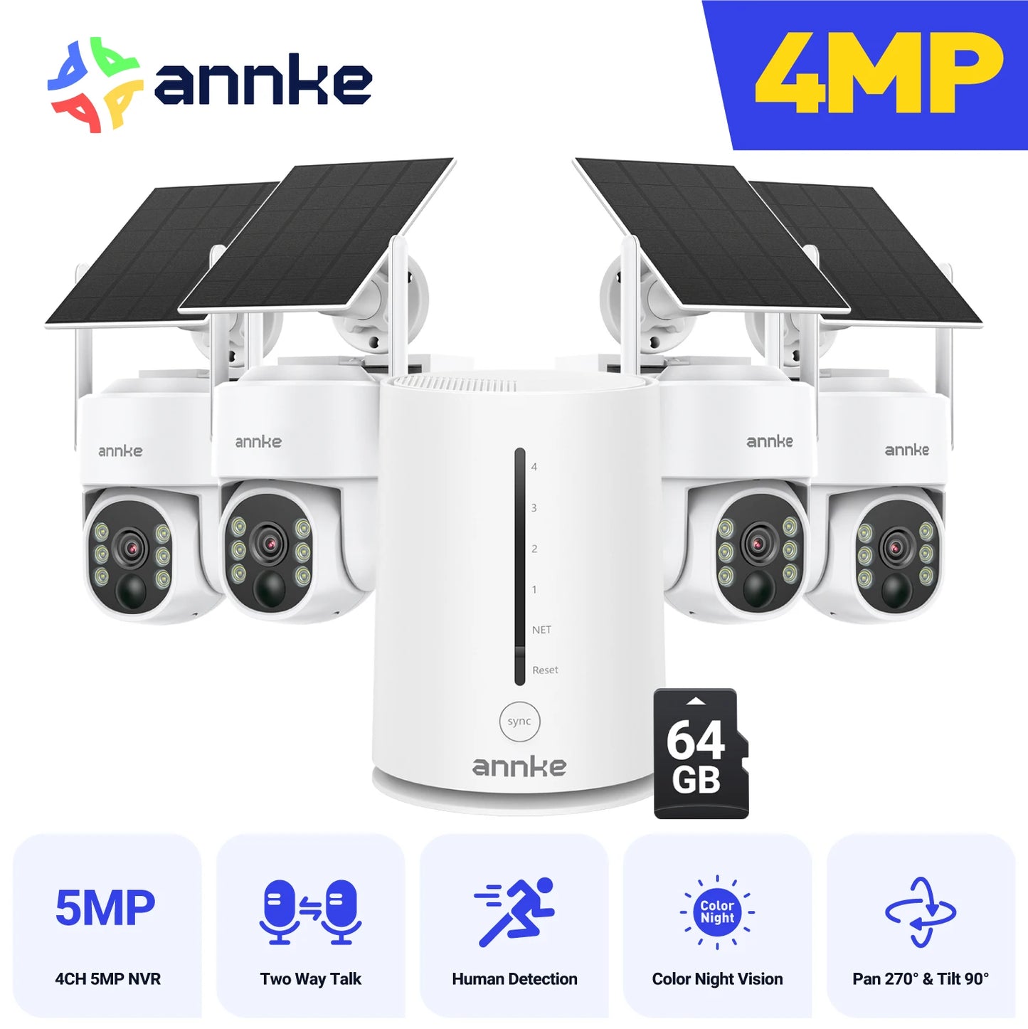 Annke 4MP solar security cameras 4CH Wireless NVR 4mm color night vision IP camera Audio 2.4G 5.8G solar wifi camera outdoor