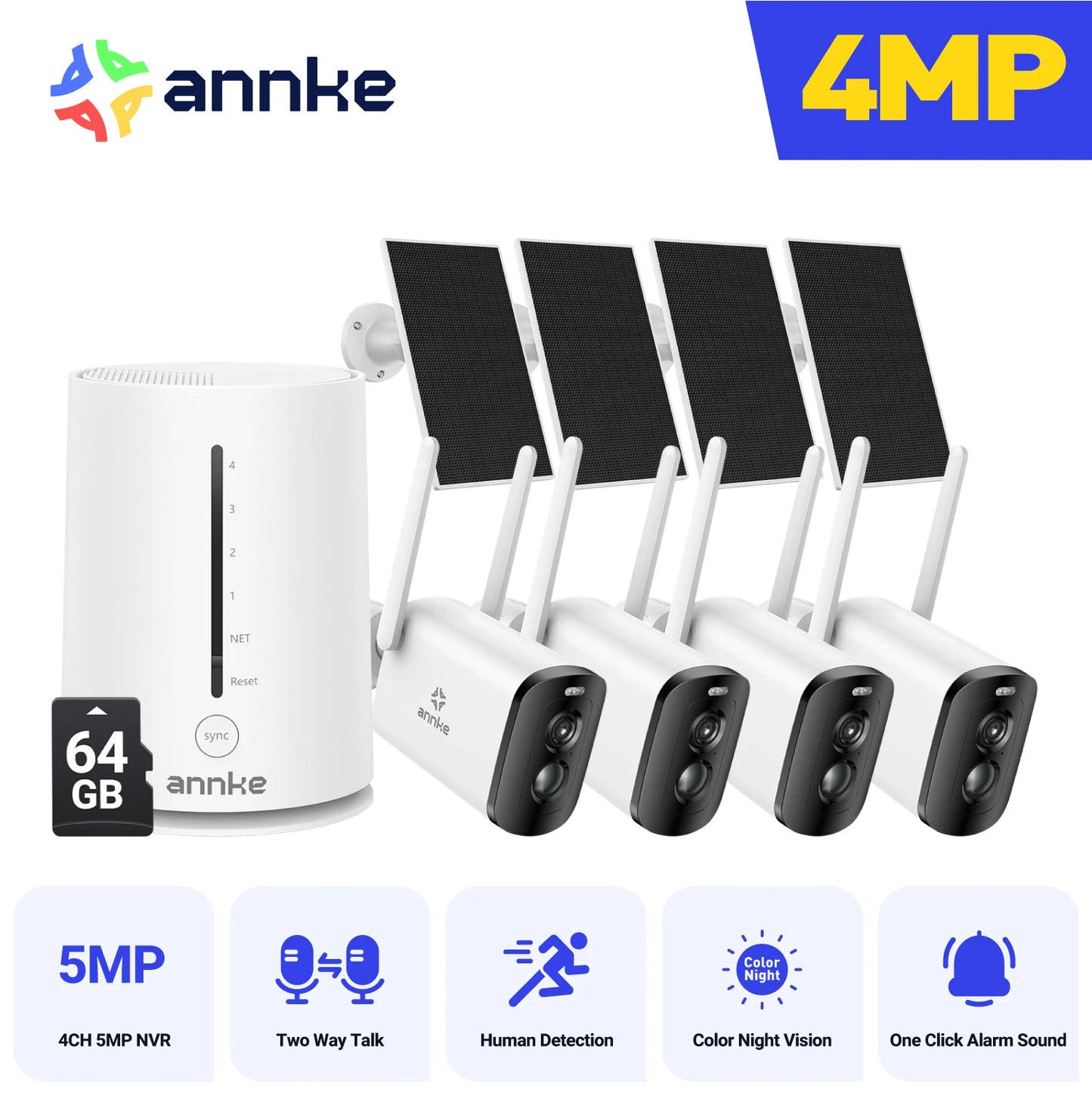 Annke 4MP solar security cameras 4CH Wireless NVR 4mm color night vision IP camera Audio 2.4G 5.8G solar wifi camera outdoor