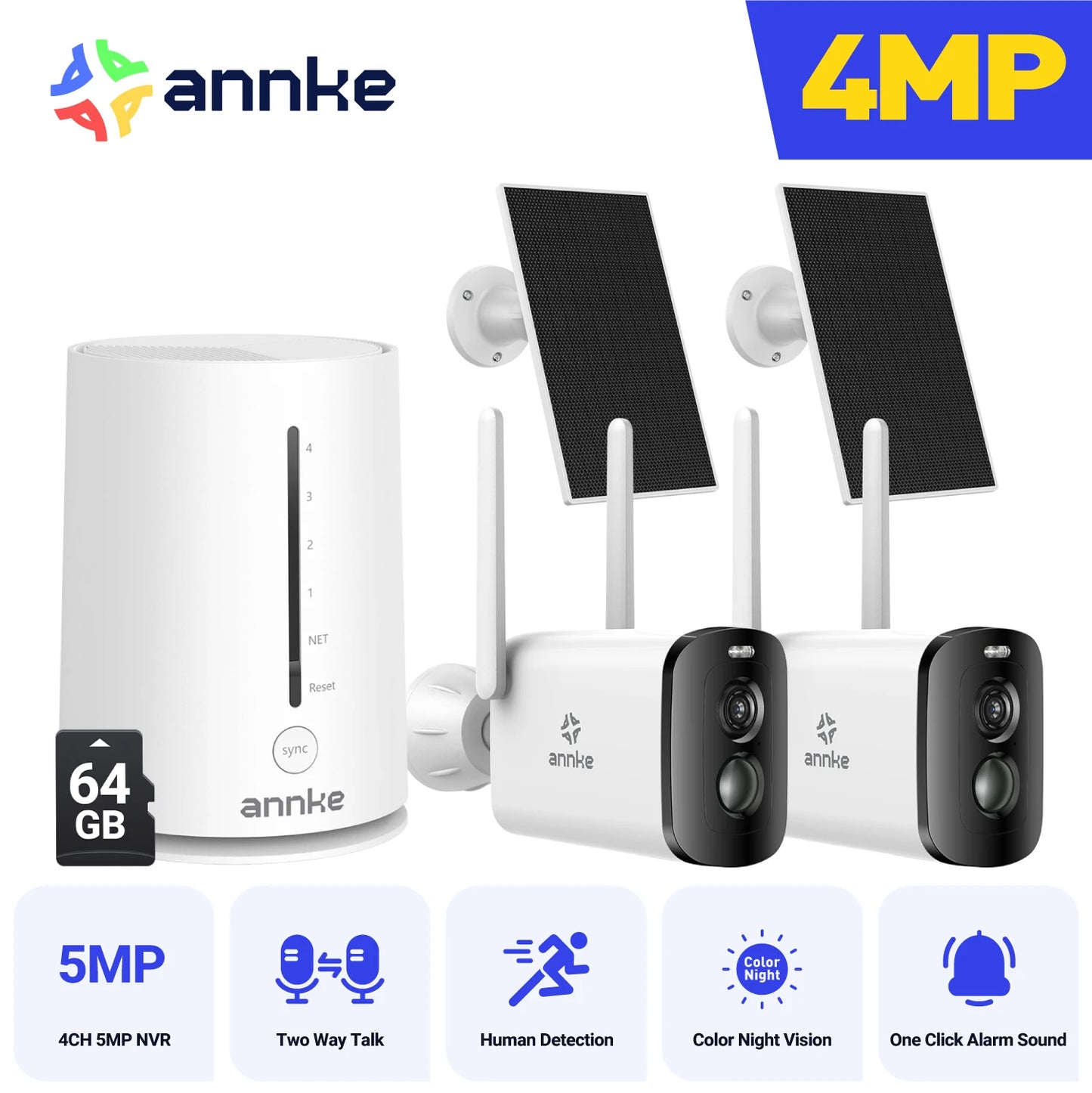 Annke 4MP solar security cameras 4CH Wireless NVR 4mm color night vision IP camera Audio 2.4G 5.8G solar wifi camera outdoor