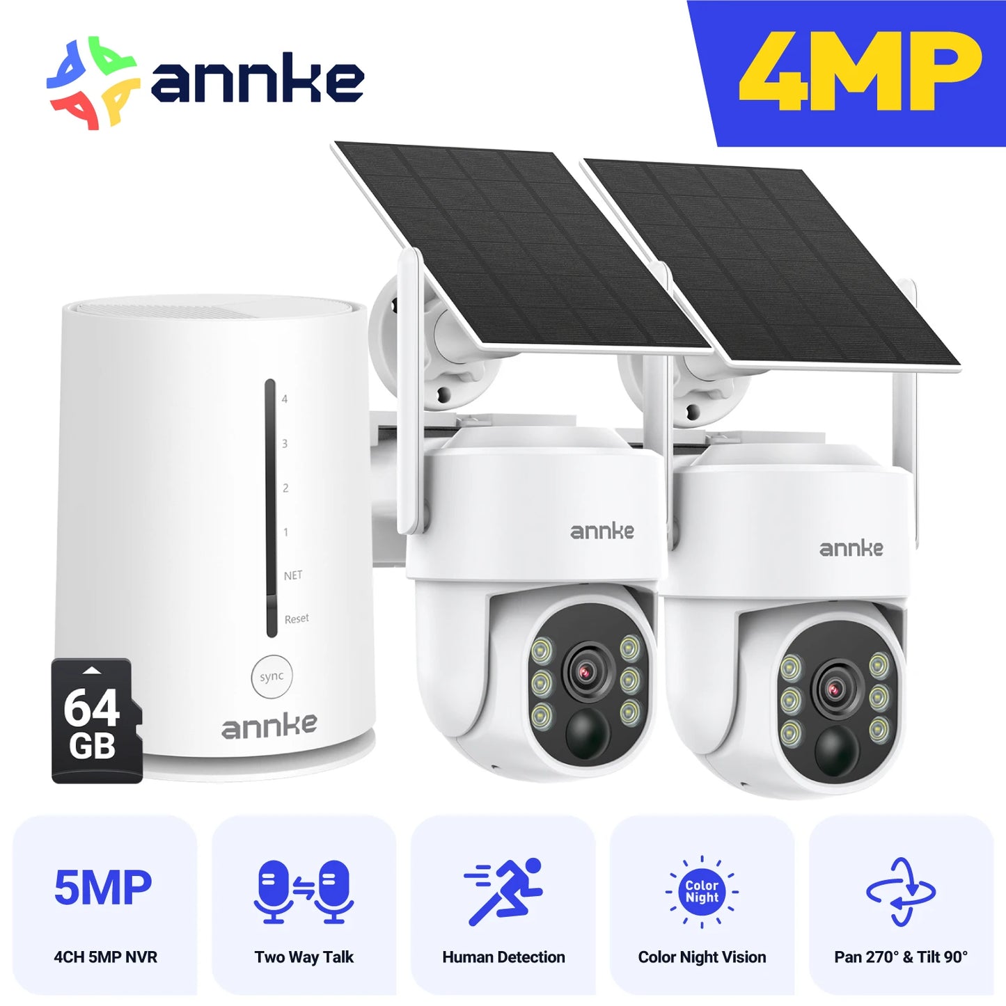 Annke 4MP solar security cameras 4CH Wireless NVR 4mm color night vision IP camera Audio 2.4G 5.8G solar wifi camera outdoor