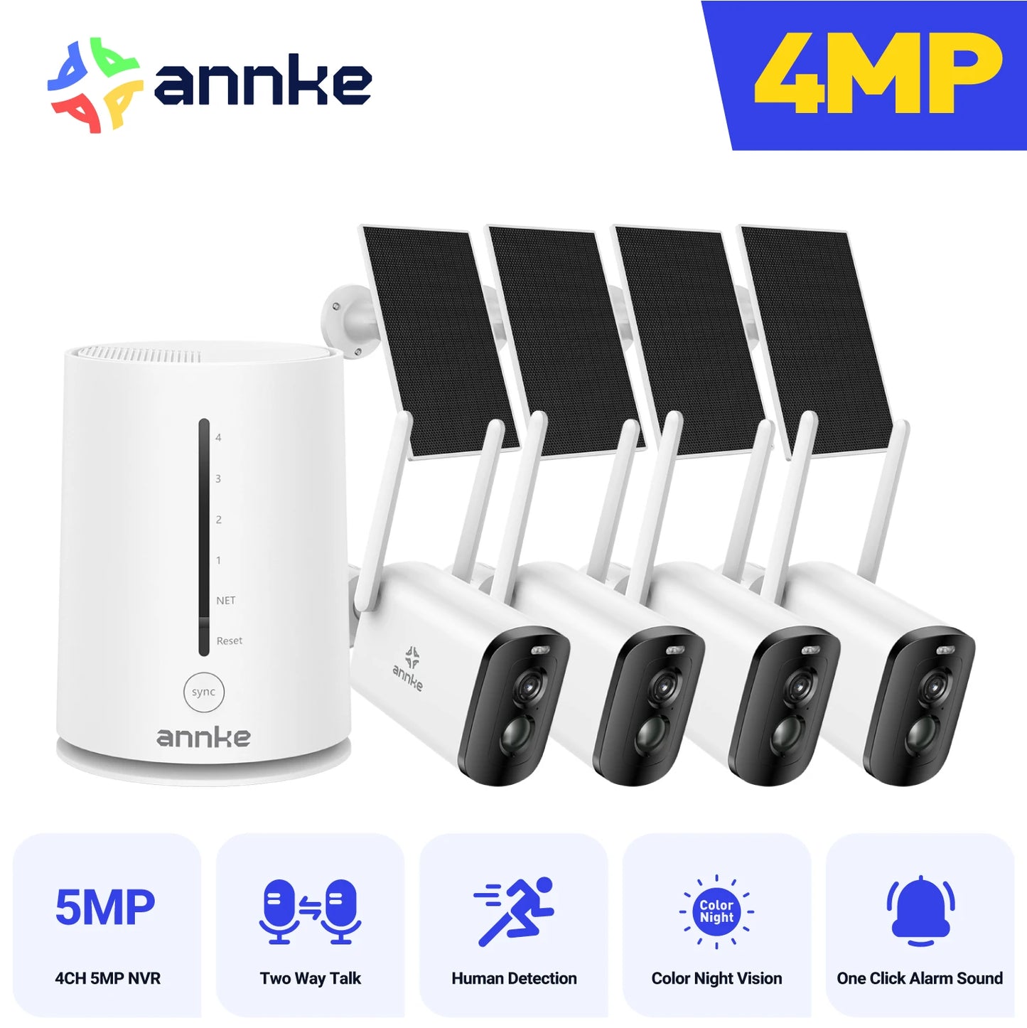 Annke 4MP solar security cameras 4CH Wireless NVR 4mm color night vision IP camera Audio 2.4G 5.8G solar wifi camera outdoor